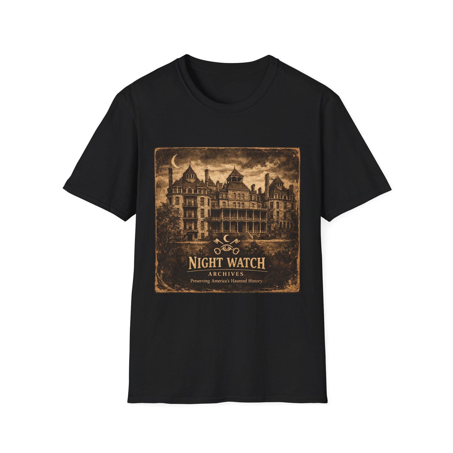Night Watch Haunted Mansion T-Shirt – Vintage Gothic Estate Graphic Tee