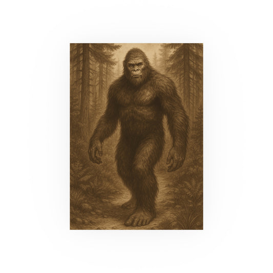 Bigfoot Forest Art Poster — Vintage Sepia Cryptid Print (Satin or Matte)
