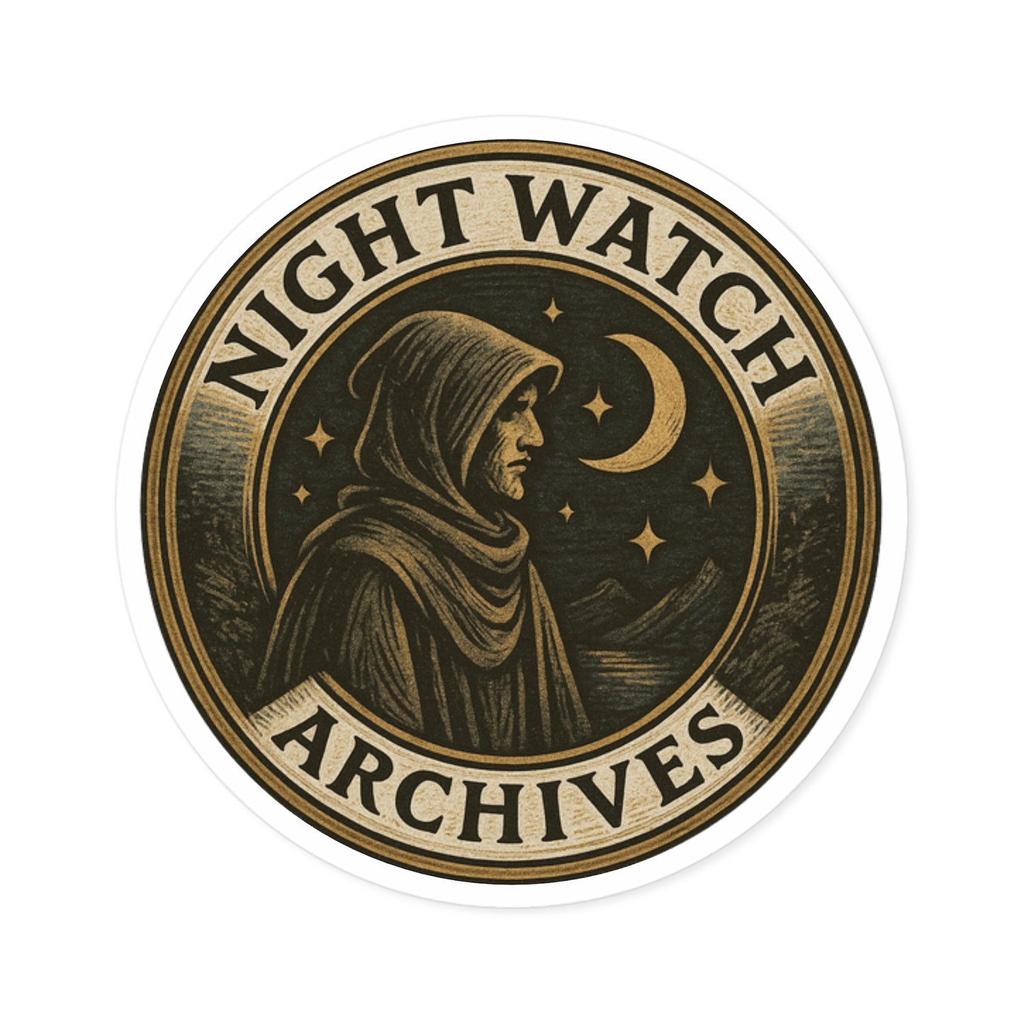 Round Sticker — "Night Watch Archives" Vintage Moon Hooded Figure (Indoor/Outdoor)