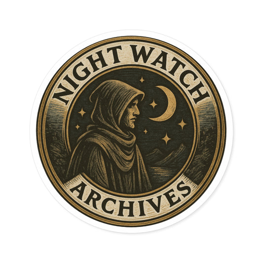Round Sticker — "Night Watch Archives" Vintage Moon Hooded Figure (Indoor/Outdoor)