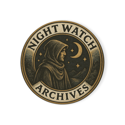 Night Watch Archives Cork Coaster – Moonlit Hooded Figure | Vintage Gothic Drink Protector