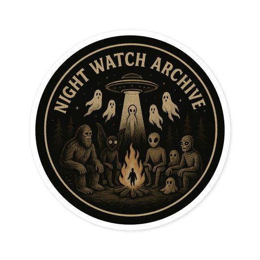 Round Sticker — "Night Watch Archive" Alien & Cryptid Campfire Design (Indoor/Outdoor)
