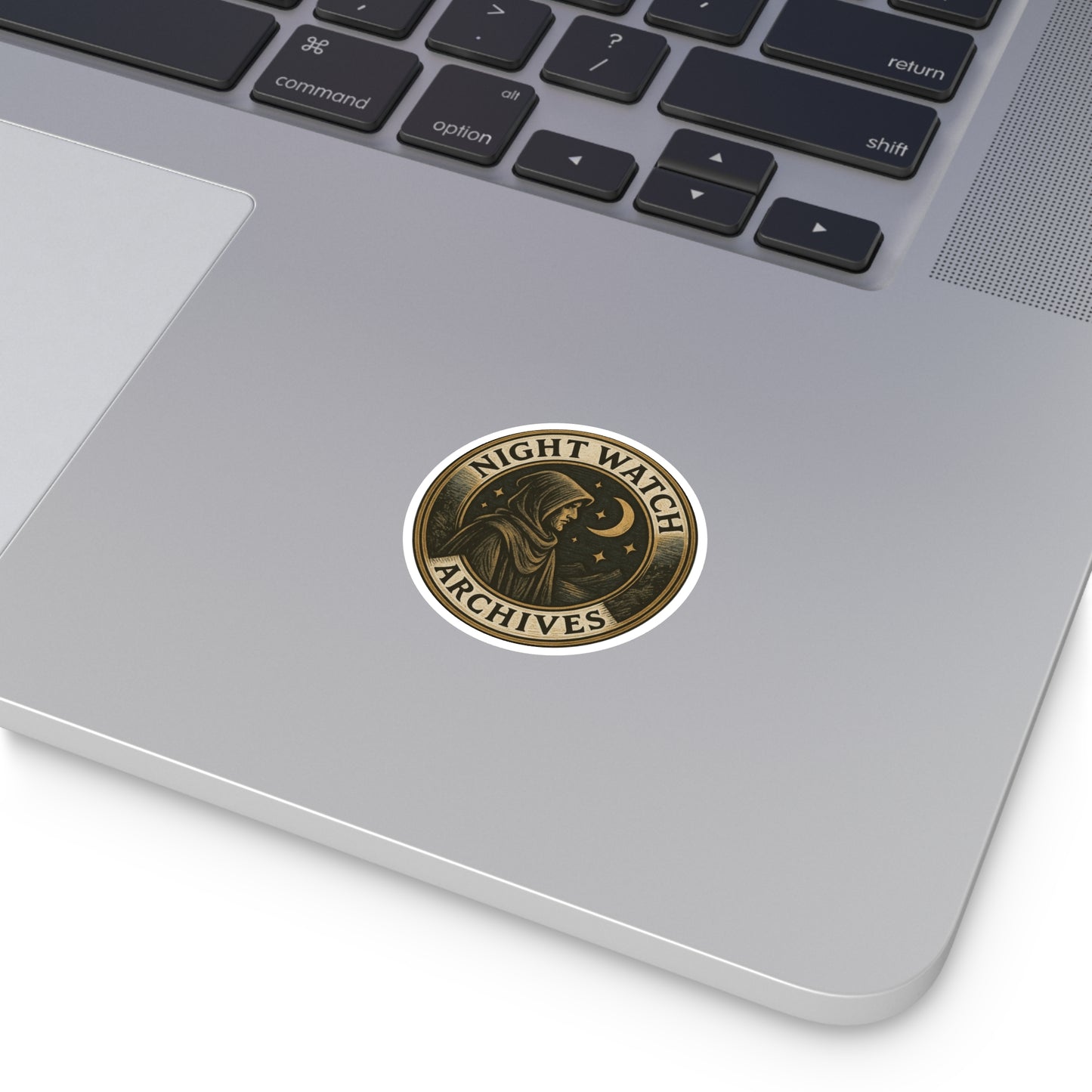 Round Sticker — "Night Watch Archives" Vintage Moon Hooded Figure (Indoor/Outdoor)